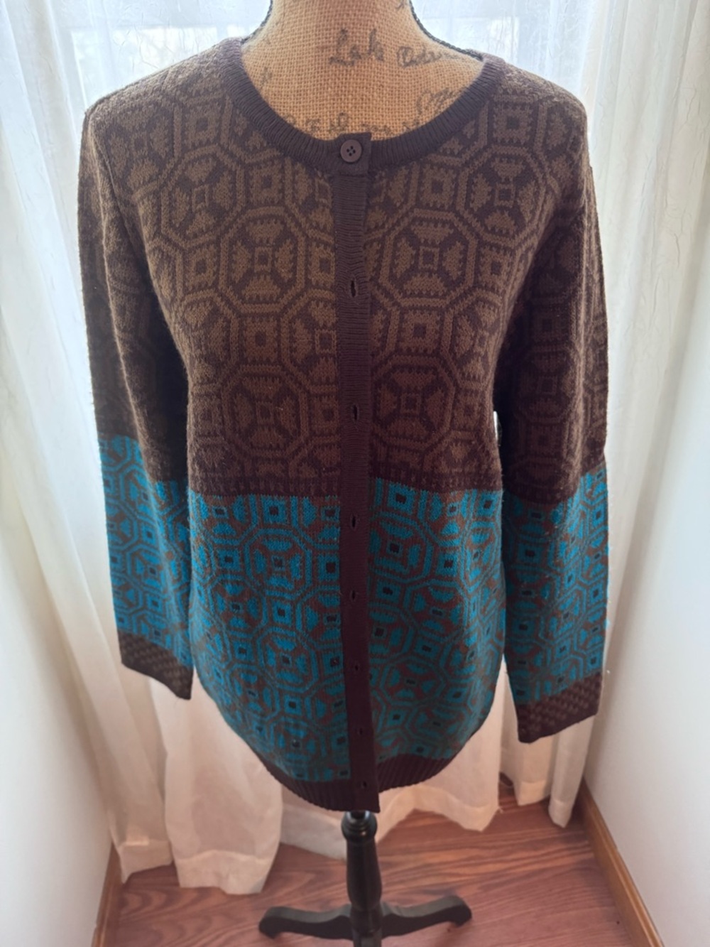 NorthStyle Brown and Teal Patterned Knit Cardigan